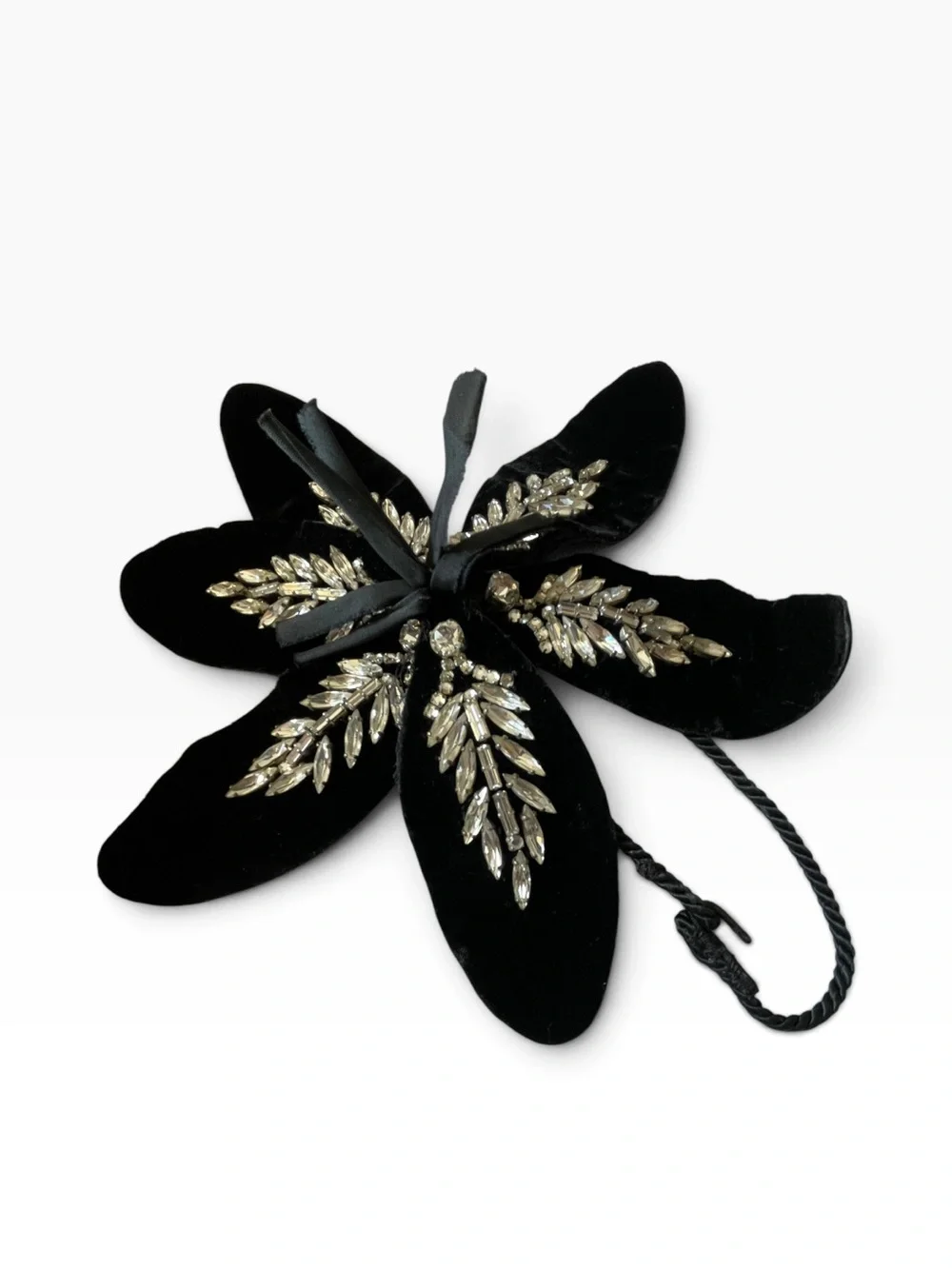 Vintage Black Velvet Rhinestone Flower Clip Brooch Ornament Gothic Glam